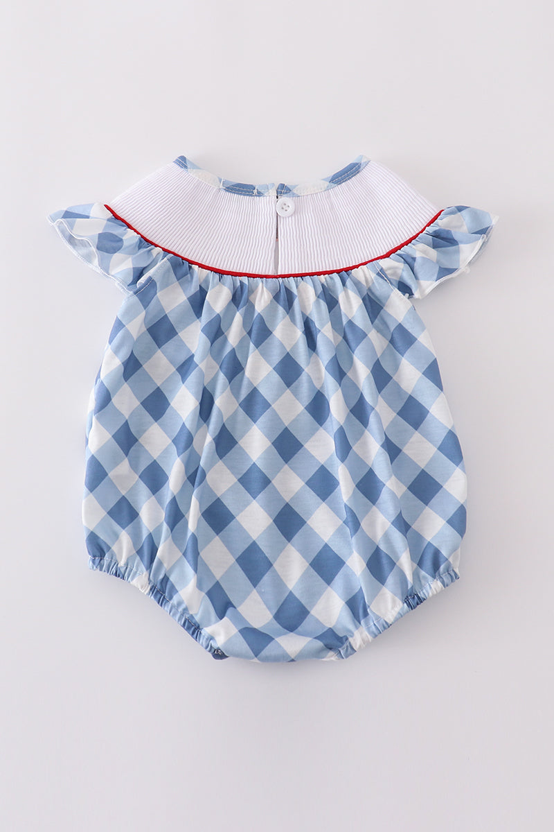 Blue Bow Embroidery Smocked Bubble