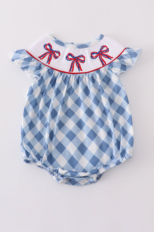 Blue Bow Embroidery Smocked Bubble